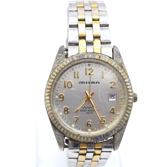 Vintage MILAN Watch Men Multi-toned Stainless Steel Classic Silver Date Dial 90s - Picture 1 of 8